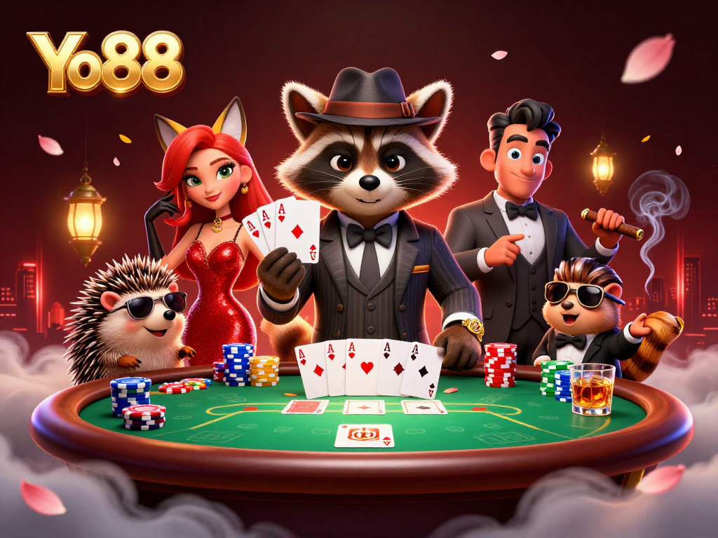 Yo88 showcases a raccoon holding a royal flush at a vibrant poker table, exuding casino excitement.