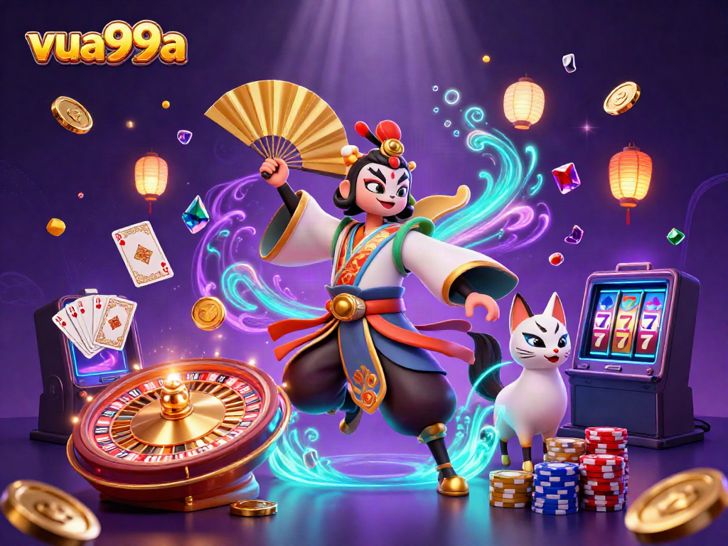 Experience the excitement at vua99a with a vibrant, dynamic 3D casino scene illustrating high-stakes action.