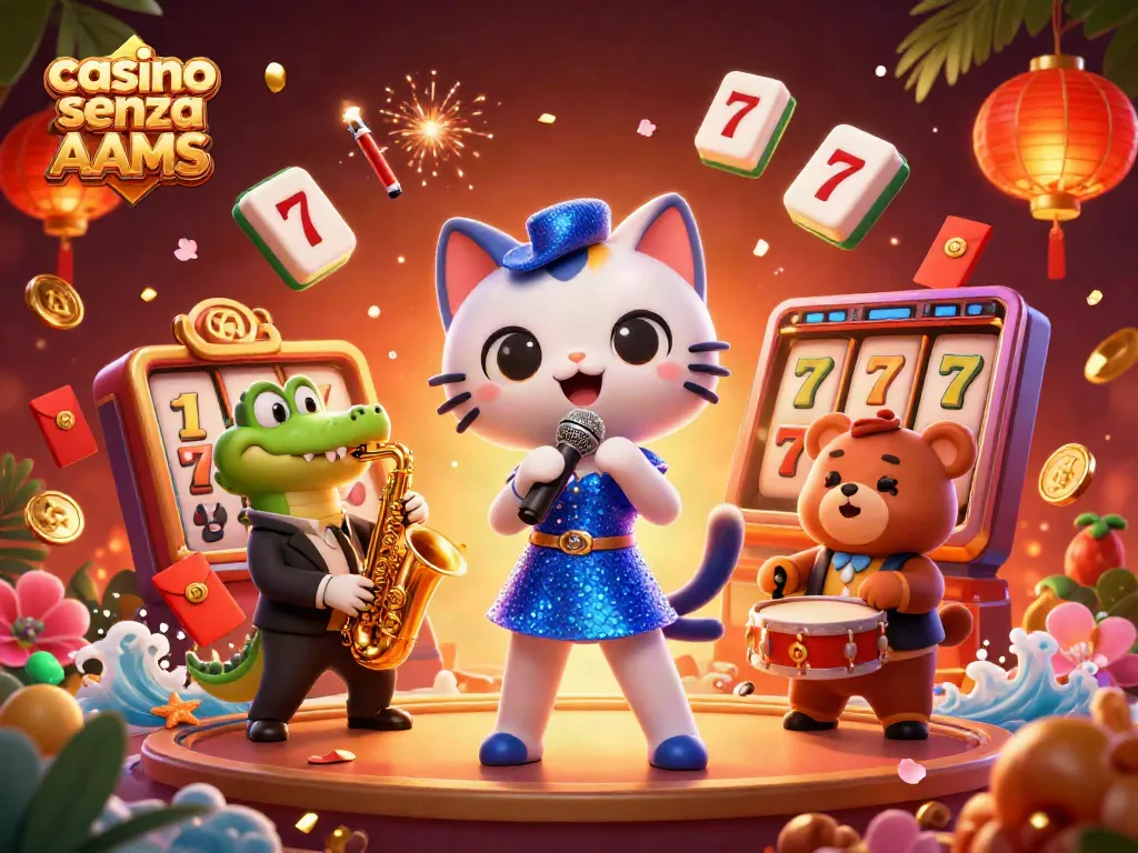 Gioca nei migliori casino senza AAMS con un'illustrazione vivace di personaggi festosi in un ambiente di gioco.