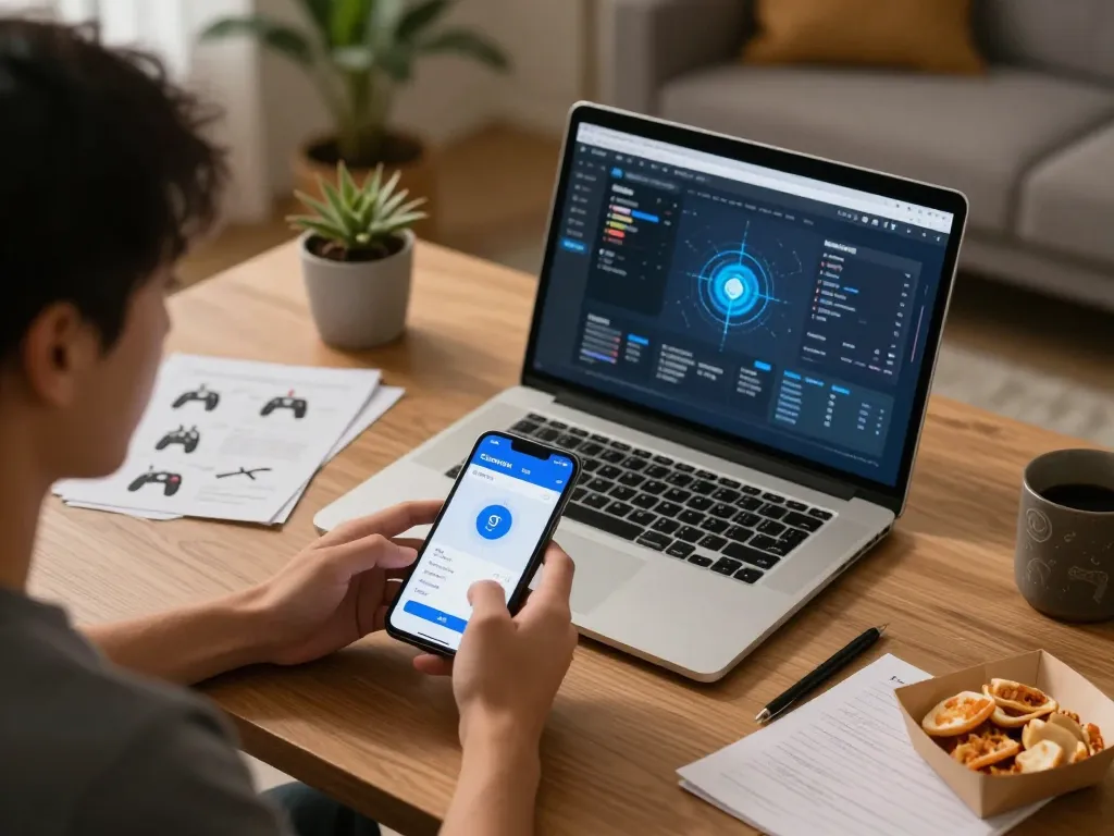 Sunwin app in use on smartphone, player strategizing with notes in a cozy gaming setup.