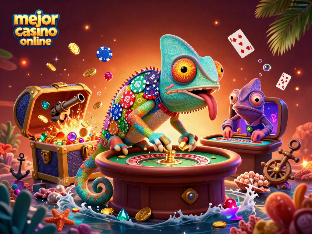 Mejor casino online con un divertido camaleón que juega en un ambiente vibrante y lleno de juegos.