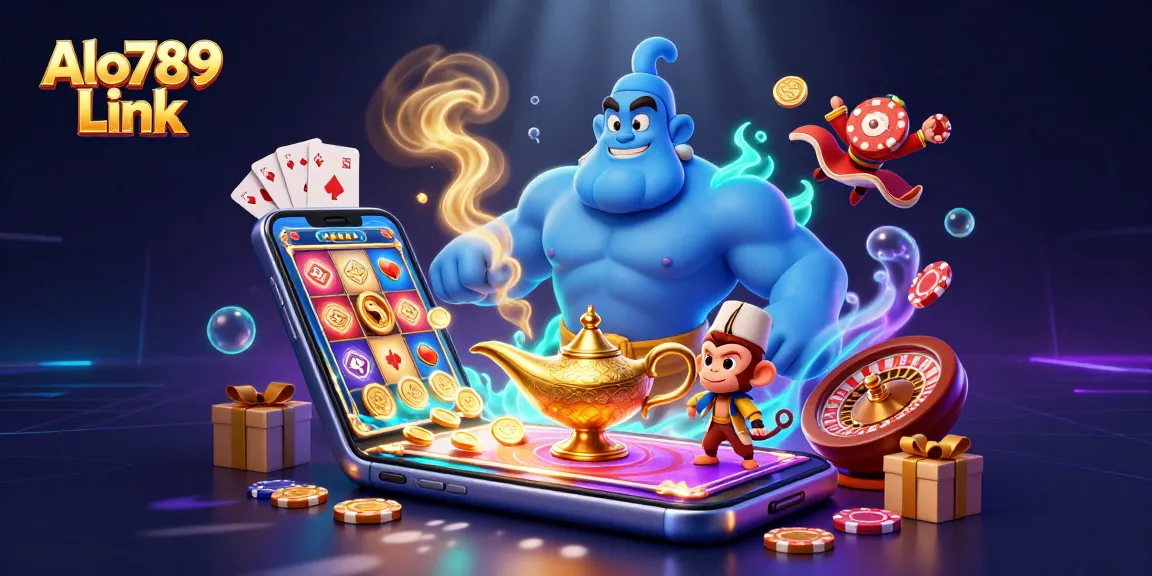 Gamblers enjoy an immersive experience with Alo789 Link featuring a vibrant slot game, golden coins, and colorful characters.