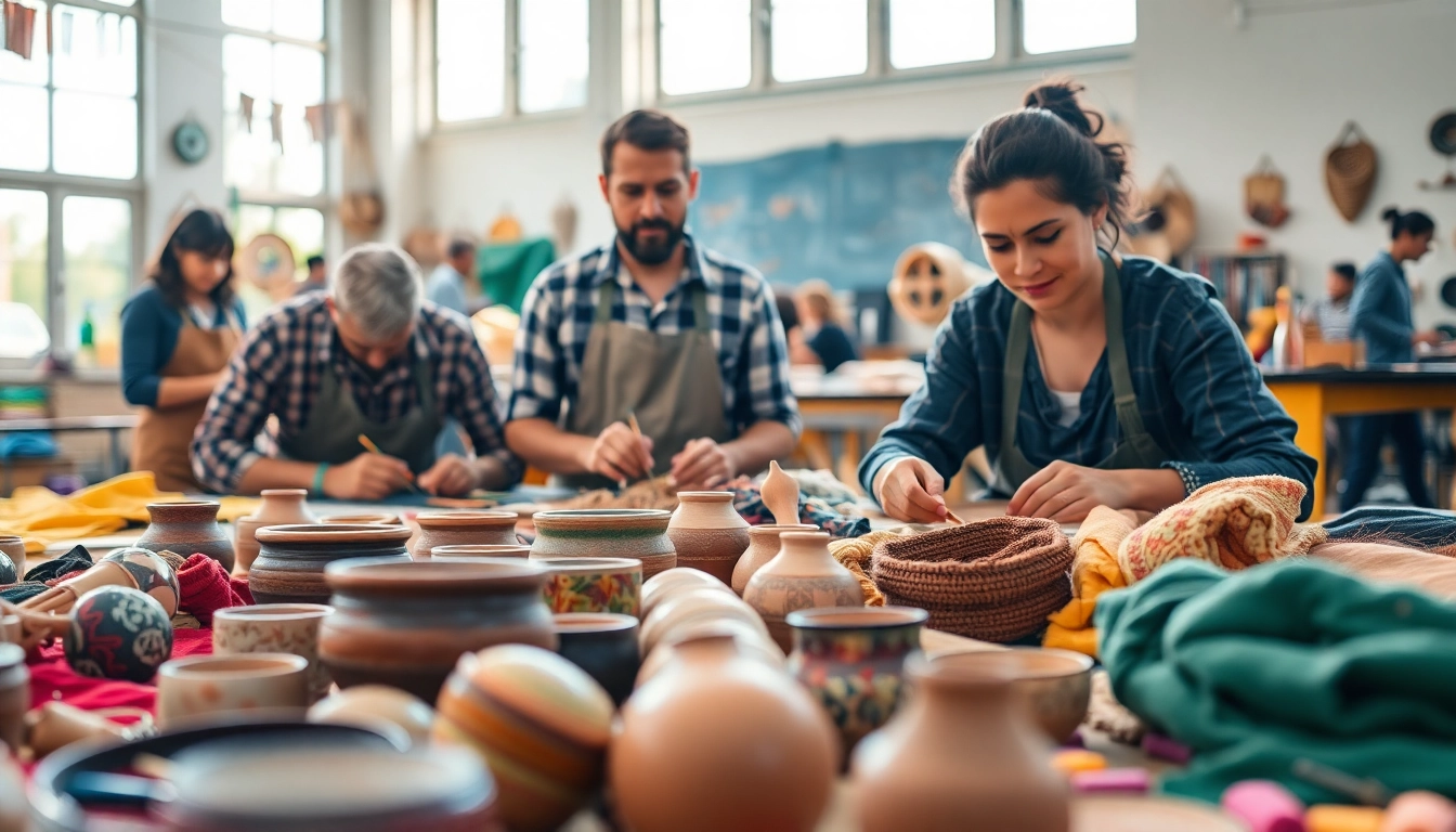 Crafters actively participating in craft training programs, showcasing their skills in a lively workshop.