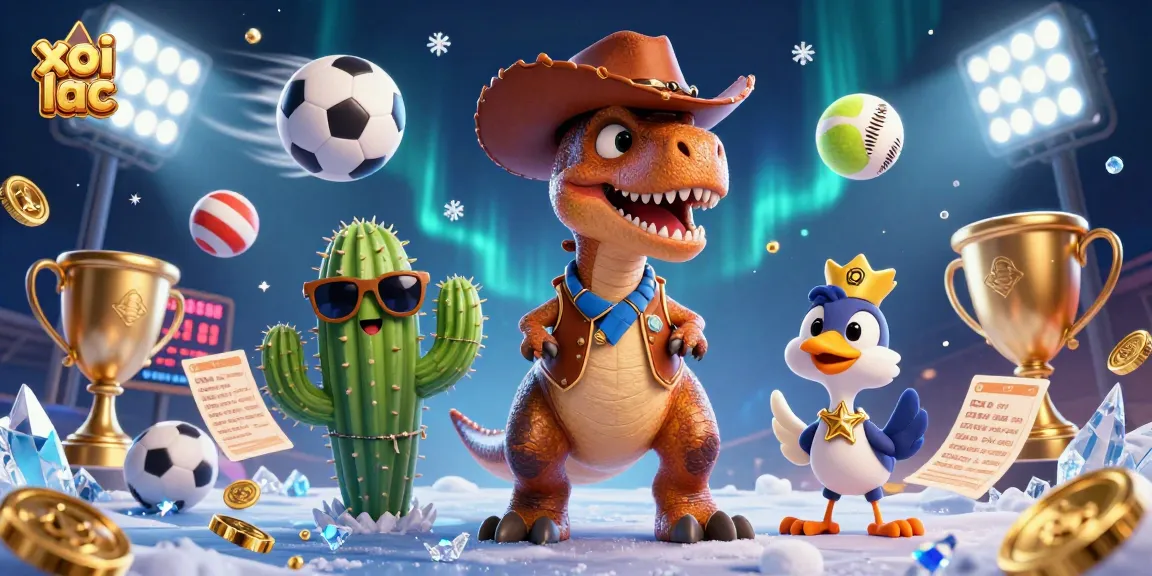 Experience xoi lac with a 3D cartoon dinosaur and friends celebrating in a vibrant gambling scene.