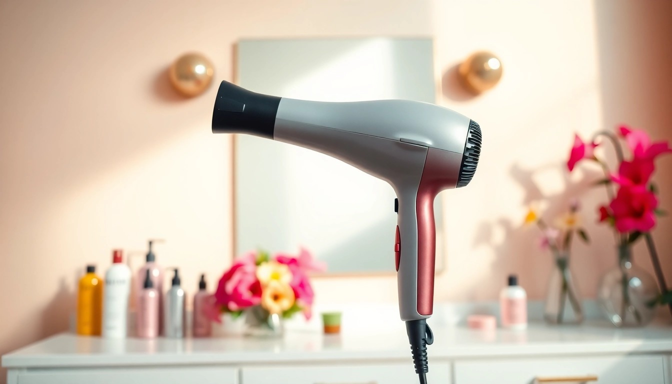 Find the perfect ionic blow dryer amidst a chic vanity setup with vibrant styling products.