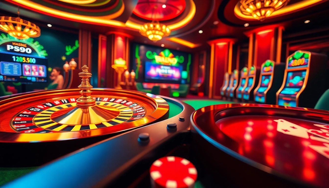 Exciting gaming atmosphere at Nhà cái PS99 with vibrant roulette and poker elements.