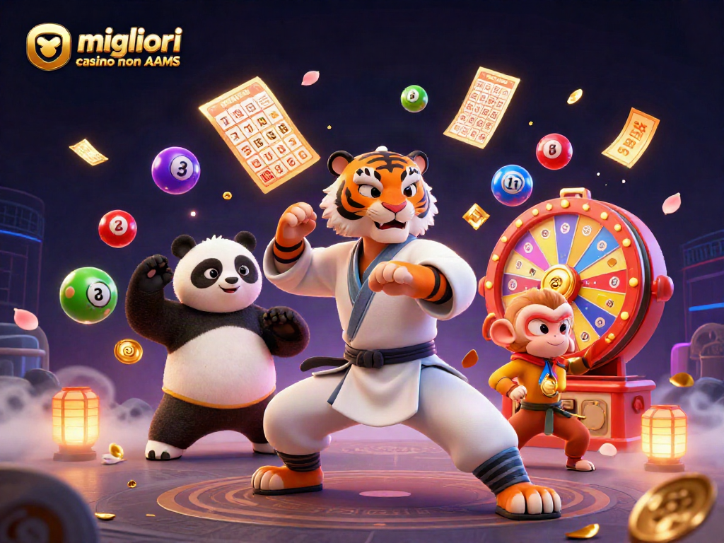 Giocatori che scoprono i migliori casino non AAMS con un tigre maestro e un panda, circondati da premi e giochi.