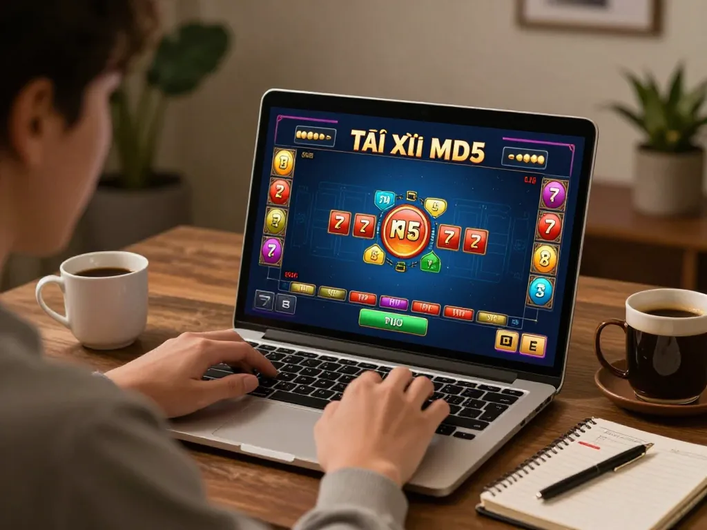Tài xỉu MD5 gameplay on laptop, engaging home casino atmosphere.