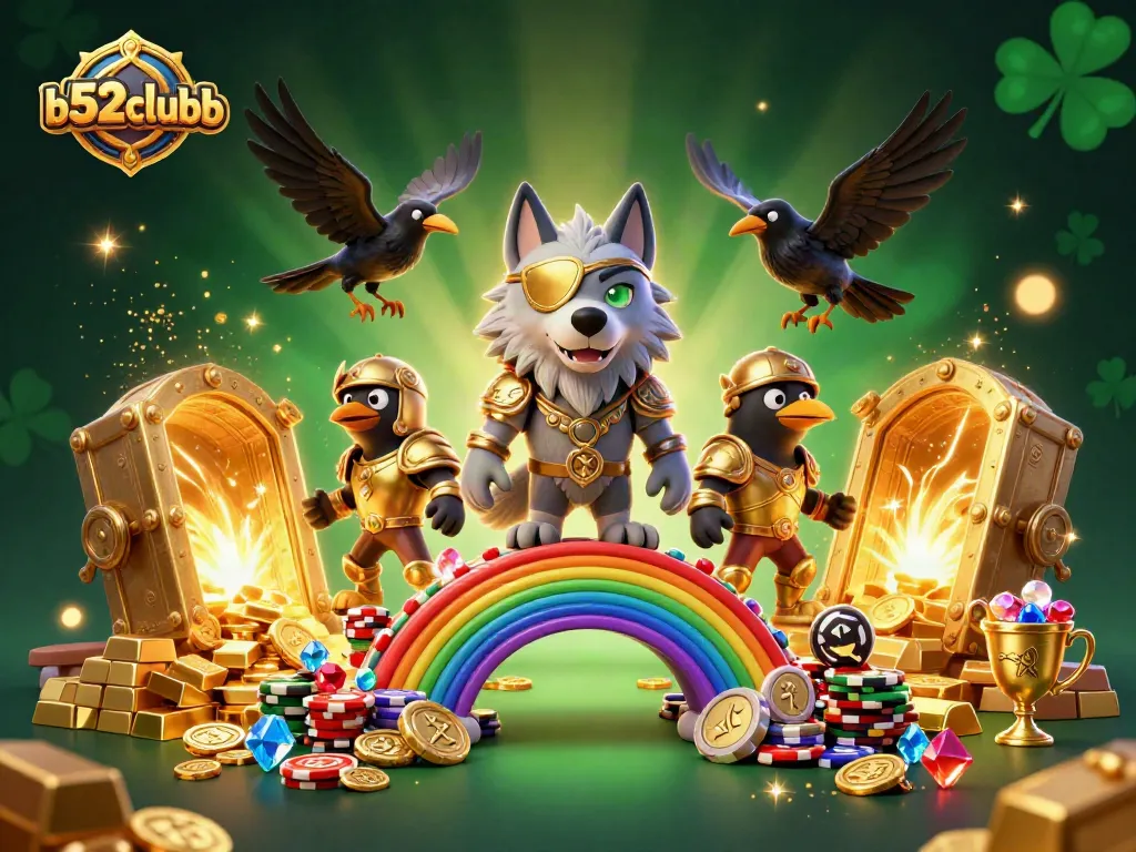 Engage in exciting b52clubb casino adventures with Odin and ravens in a vibrant, detailed 3D gold-themed scene.