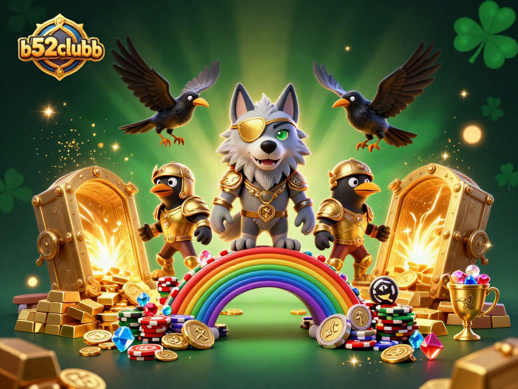 Engage in exciting b52clubb casino adventures with Odin and ravens in a vibrant, detailed 3D gold-themed scene.