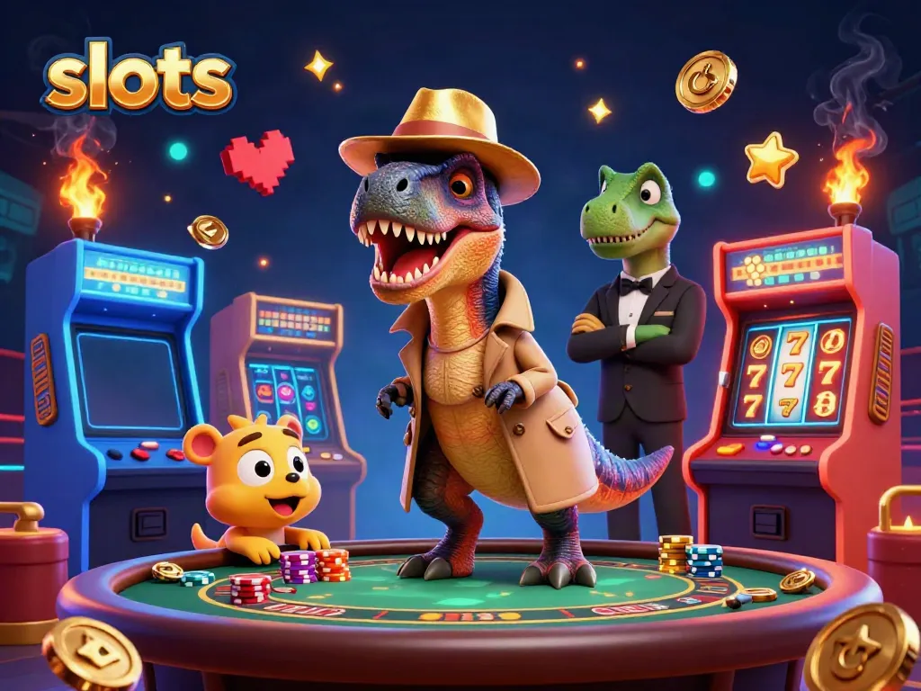 Experience thrilling slots excitement with a velociraptor card counter and vibrant casino atmosphere.