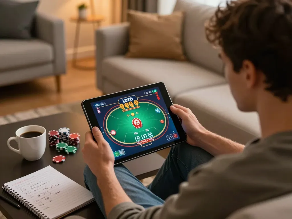 Player engaging in LOTO 188 online poker on tablet, cozy home setup with strategic notes.