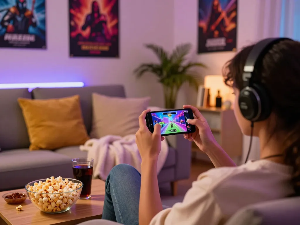 Enjoy playing a mobile porn game on a smartphone in a cozy living room
