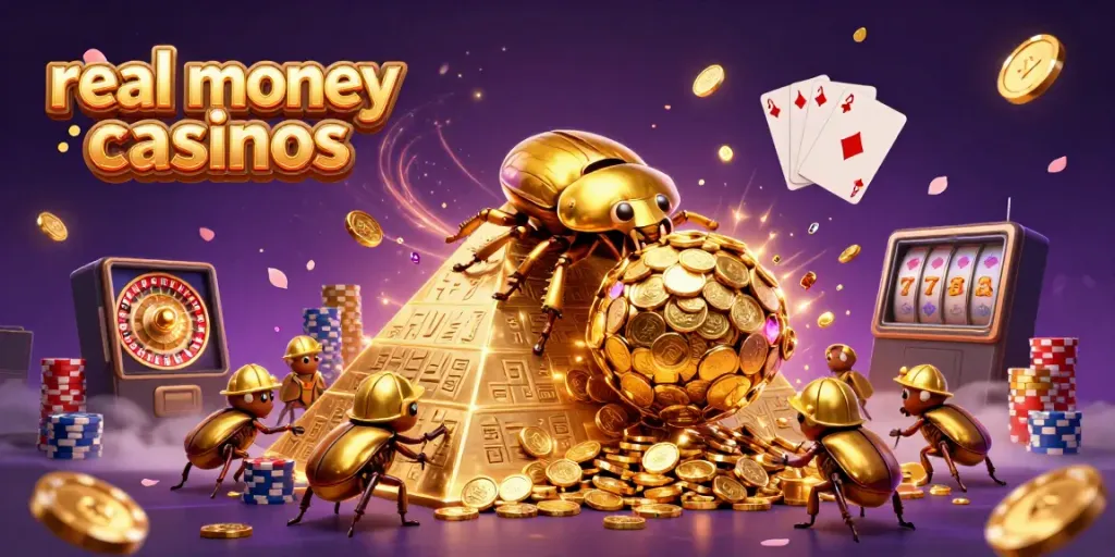 Experience engaging real money casinos with a shimmering scene of golden beetles and casino games