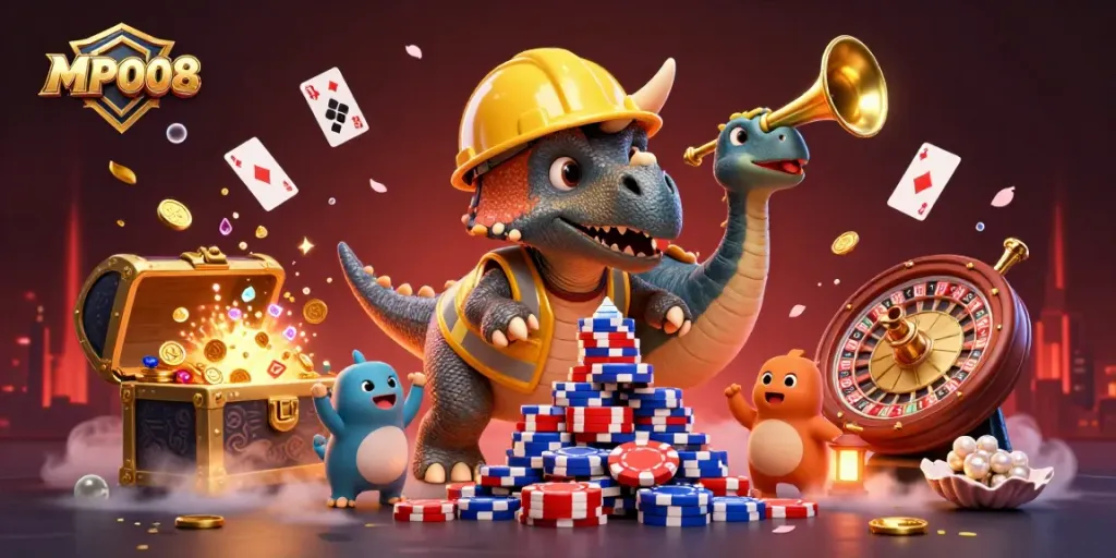 MPO08 enhances the gambling experience with a vibrant casino scene involving a triceratops, dinosaurs, and poker chips.