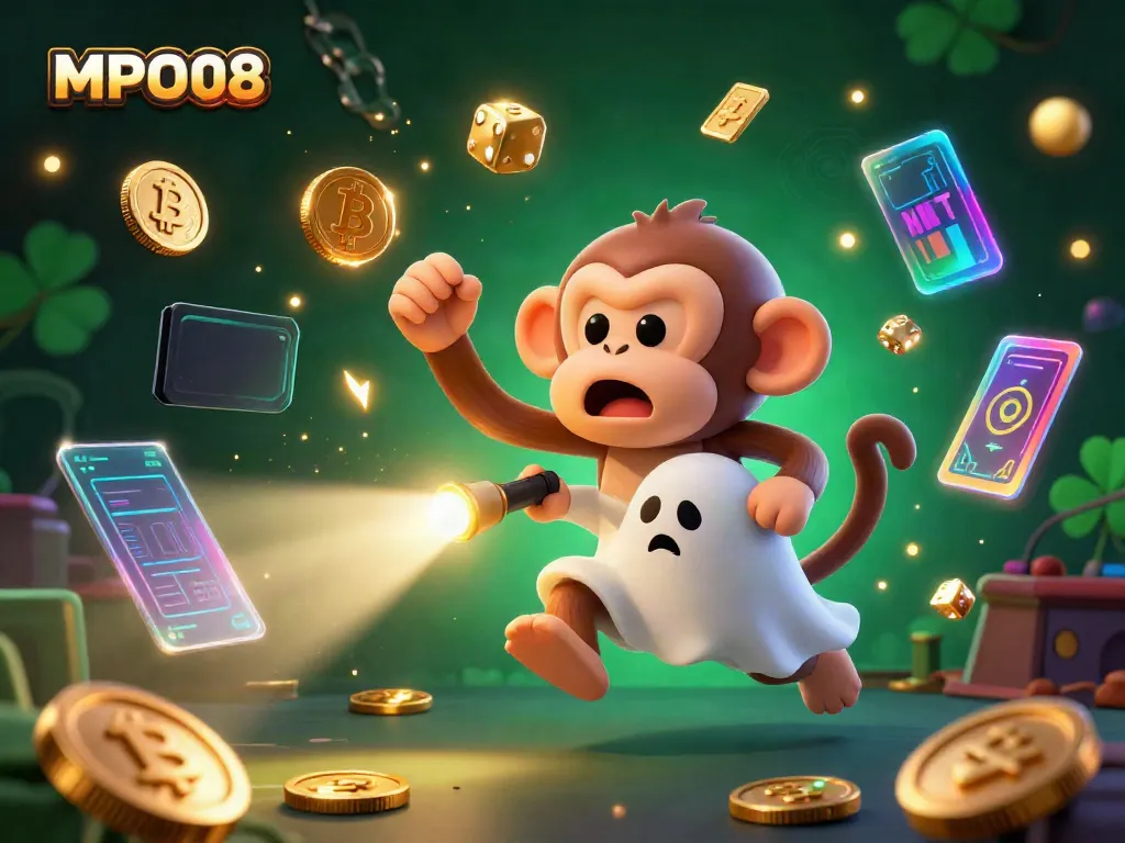 MPO08 showcases a vibrant online casino scene featuring a mischievous monkey juggling golden coins, cards, and dice.
