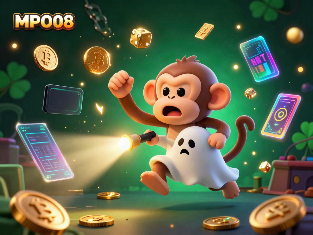 MPO08 showcases a vibrant online casino scene featuring a mischievous monkey juggling golden coins, cards, and dice.