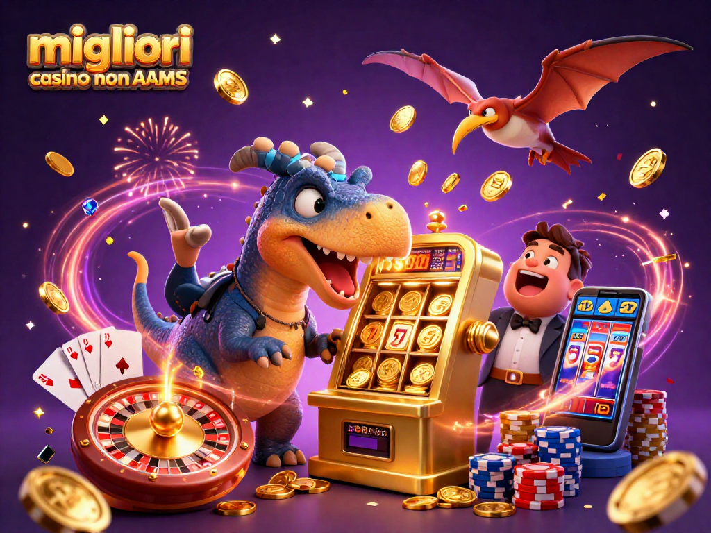 Scopri i migliori casino non AAMS mentre un pachicefalosauro colpisce una slot machine dorata per un jackpot.