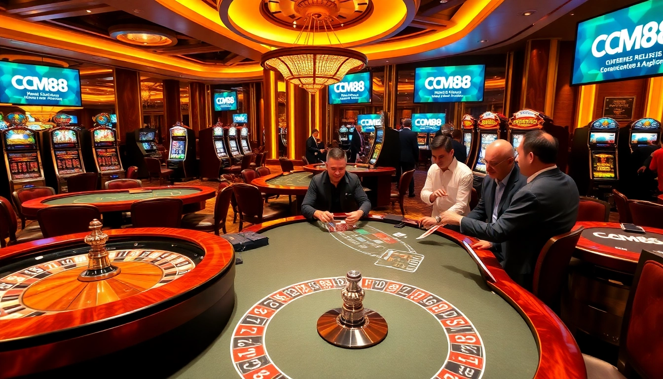 Exciting gaming scene at CM88 casino featuring roulette, poker, and vibrant slot machines.