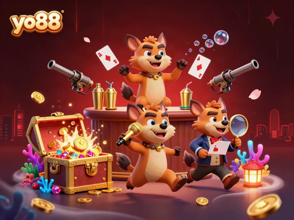 Experience a vibrant casino scene with yo88 hyena characters engaged in thrilling entertainment.