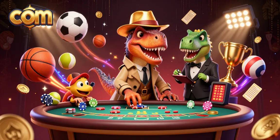 Place bets and win with com's engaging casino scene featuring a velociraptor and stegosaurus.