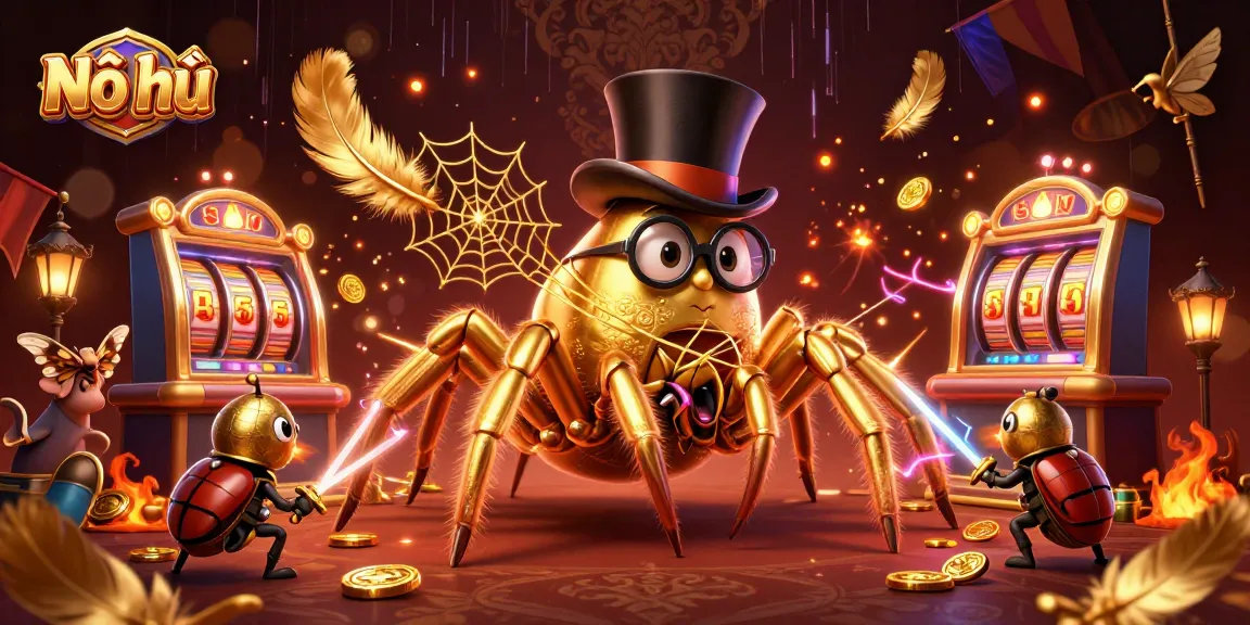 Nổ hũ jackpot scene featuring a golden spider and knight in an exciting casino illustration.