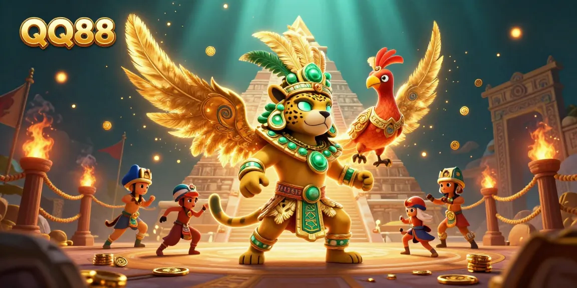 Engage with QQ88's vibrant and dynamic casino adventure featuring a Mayan priest and rich gaming elements.