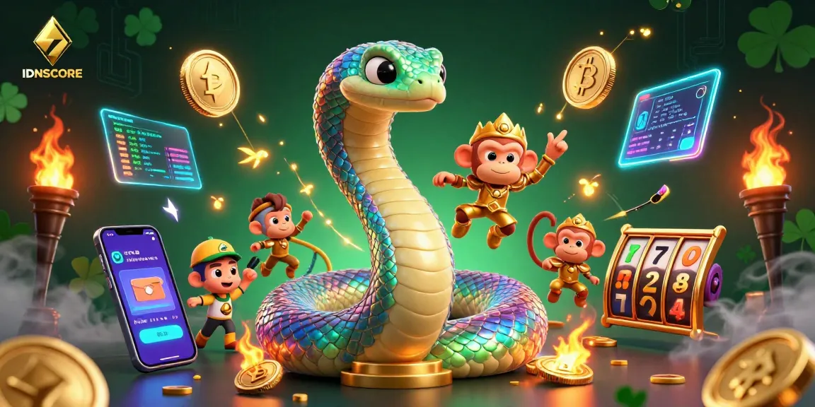 Experience IDNSCORE gaming with vibrant slot reels and crypto coins in a magical 3D scene.