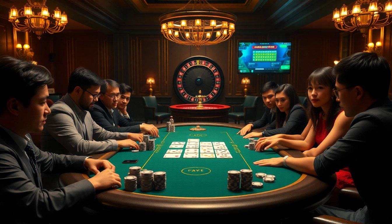 Kèo nhà cái 5 chuẩn showcased with a high-stakes poker game, featuring rich casino elements.
