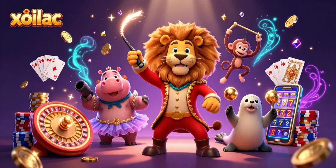 Xoilac live betting scene featuring energetic 3D circus characters and casino elements.