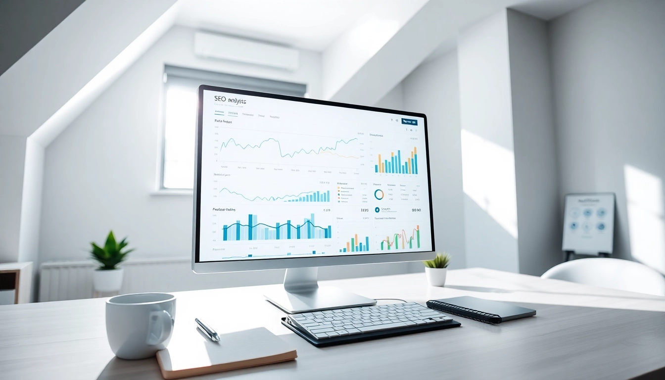 Analyze your SEO Rank with a professional workspace, featuring analytics and a vibrant environment.