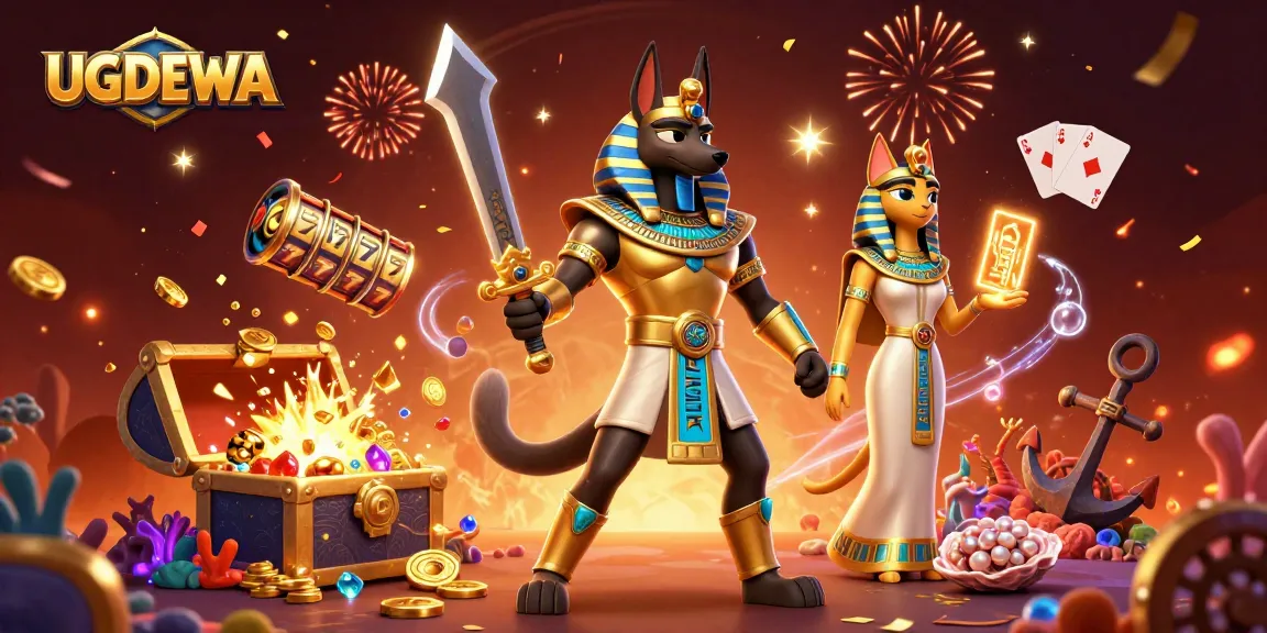 Play games like slots and poker with UGDEWA's vibrant online casino scene featuring Anubis and treasures.