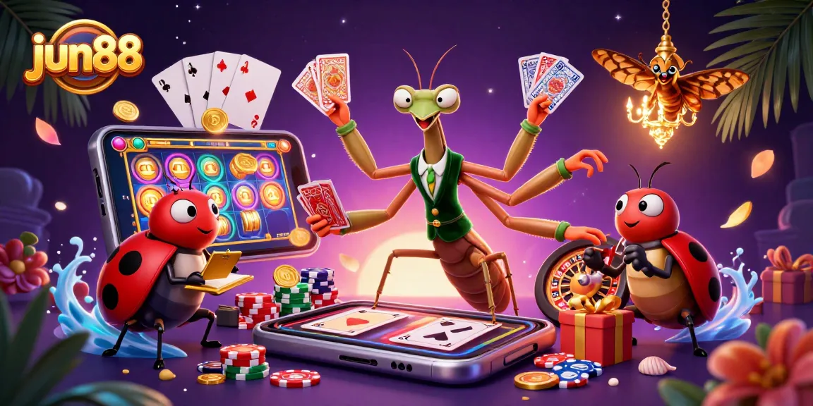 Win big with jun88 at this vibrant casino scene featuring engaging characters and games.