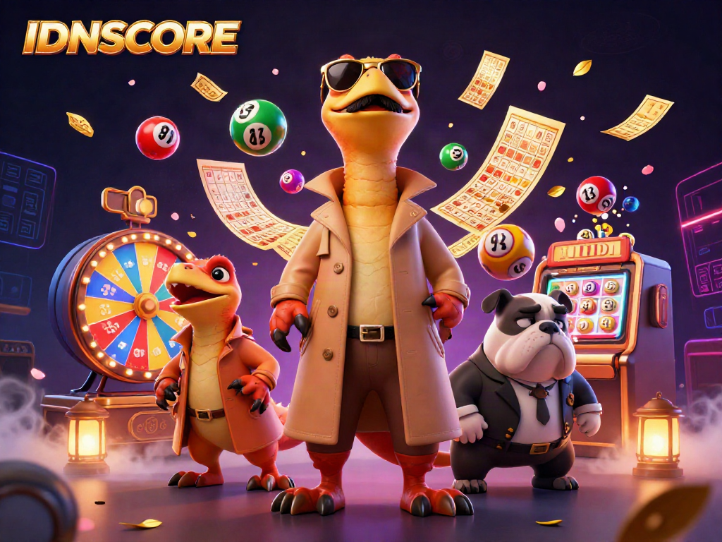 IDNSCORE presents 3D cartoon raptors in a trench coat attempting to enter a VIP lounge amid a vibrant casino scene.