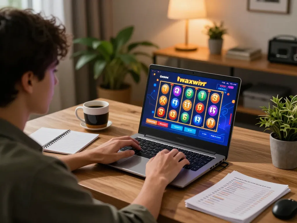 Playing slot gacor maxwin games on a laptop at a cozy home office with strategy notes.