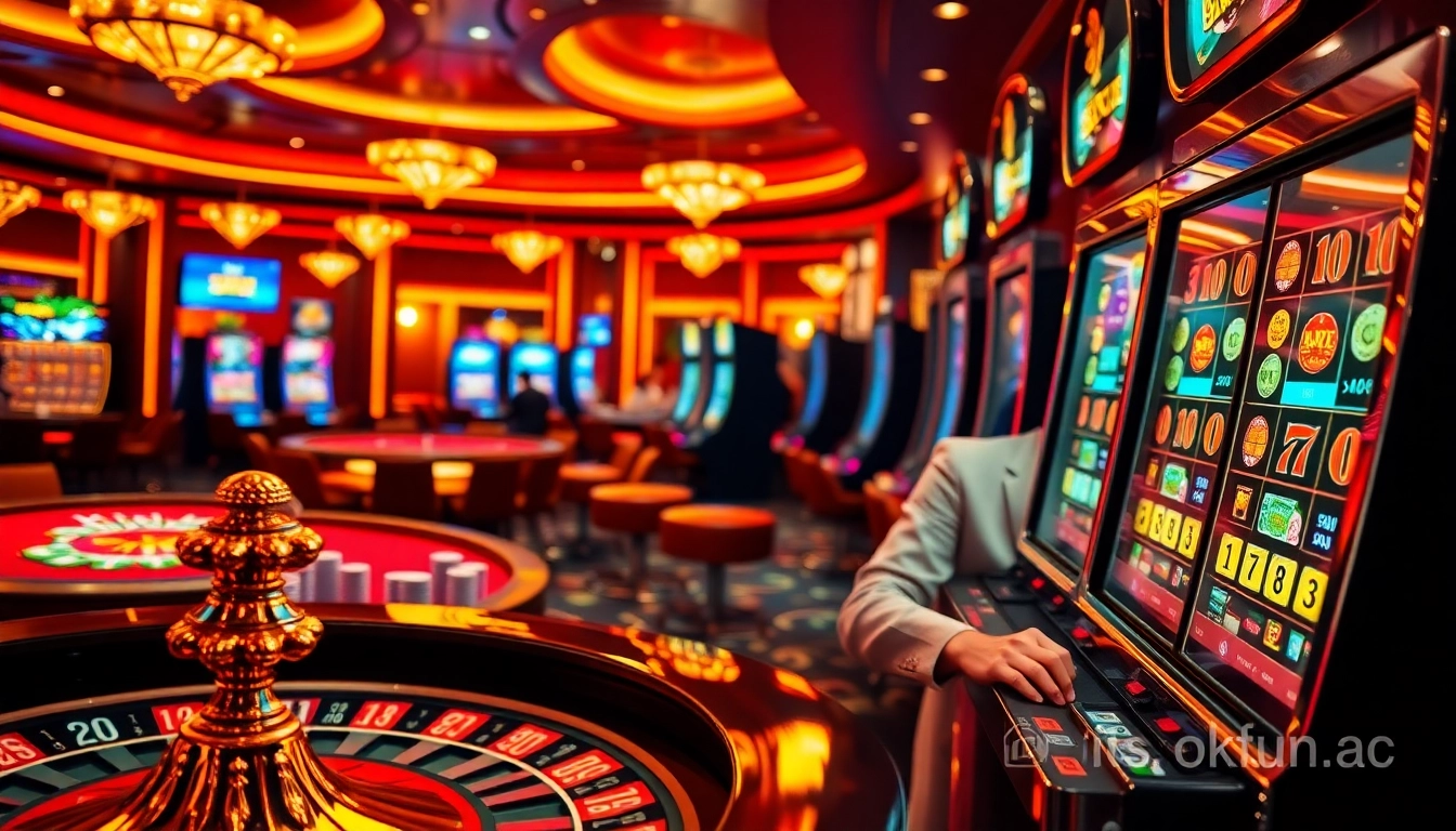 Experience the excitement at https://okfun.ac/ with vibrant casino scenes featuring poker tables and slot machines.