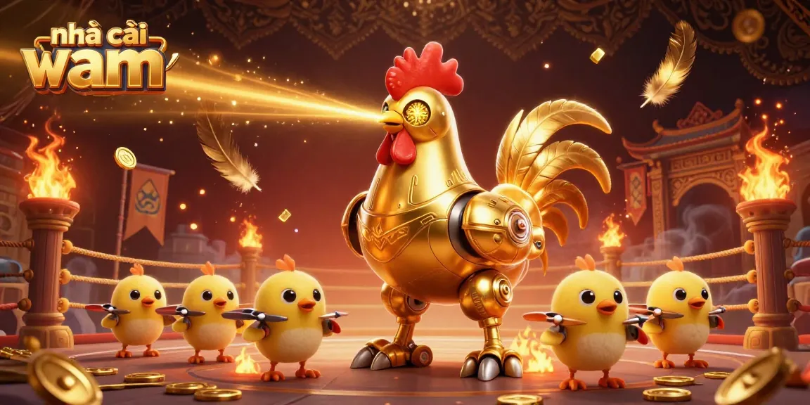 Experience thrilling bets with nhà cái vmax showcased in a vibrant casino scene featuring golden rooster robot.