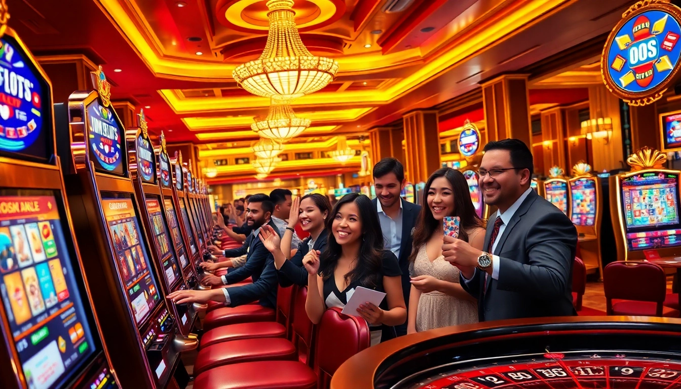 Experience the thrill of idnslot action at a vibrant casino with excited players and sleek slot machines.