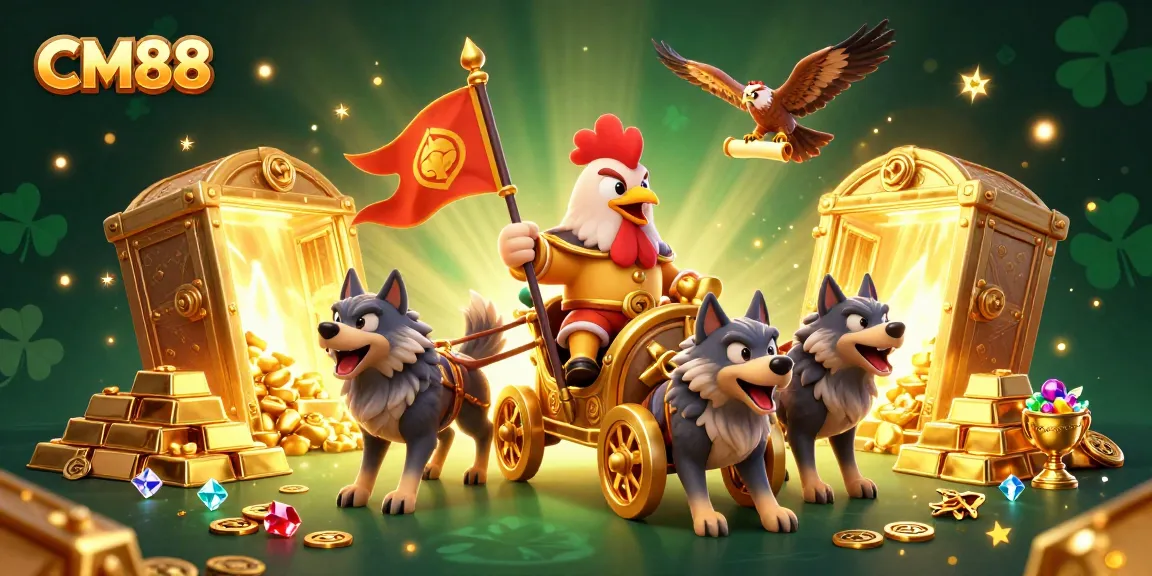 Engage with CM88's exciting gaming universe through the thrilling illustration of a rooster warlord commanding gold treasures.