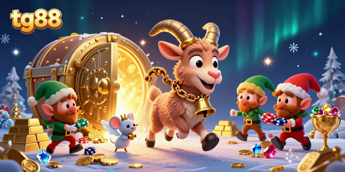 Engage with tg88 in a vibrant casino scene featuring a Krampus goat, angel mouse, and mischievous gremlins.