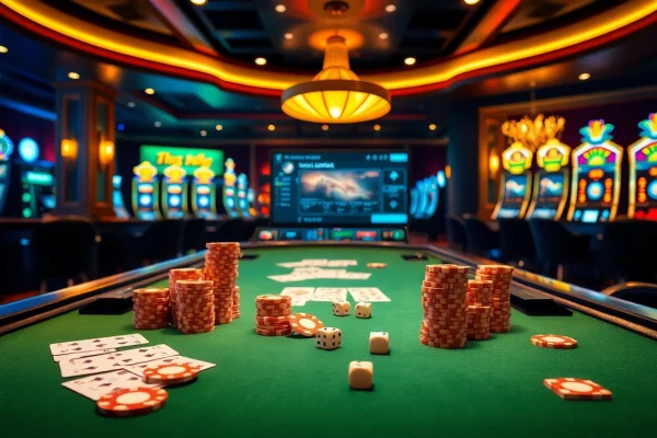 Experience the excitement of Tool xổ số siêu tốc at a luxurious casino table with poker chips and cards.