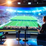 Engaging scene of sports broadcasting featuring presenters and live game updates.
