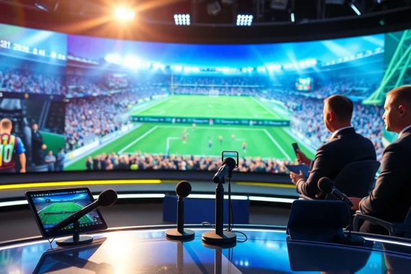 Engaging scene of sports broadcasting featuring presenters and live game updates.