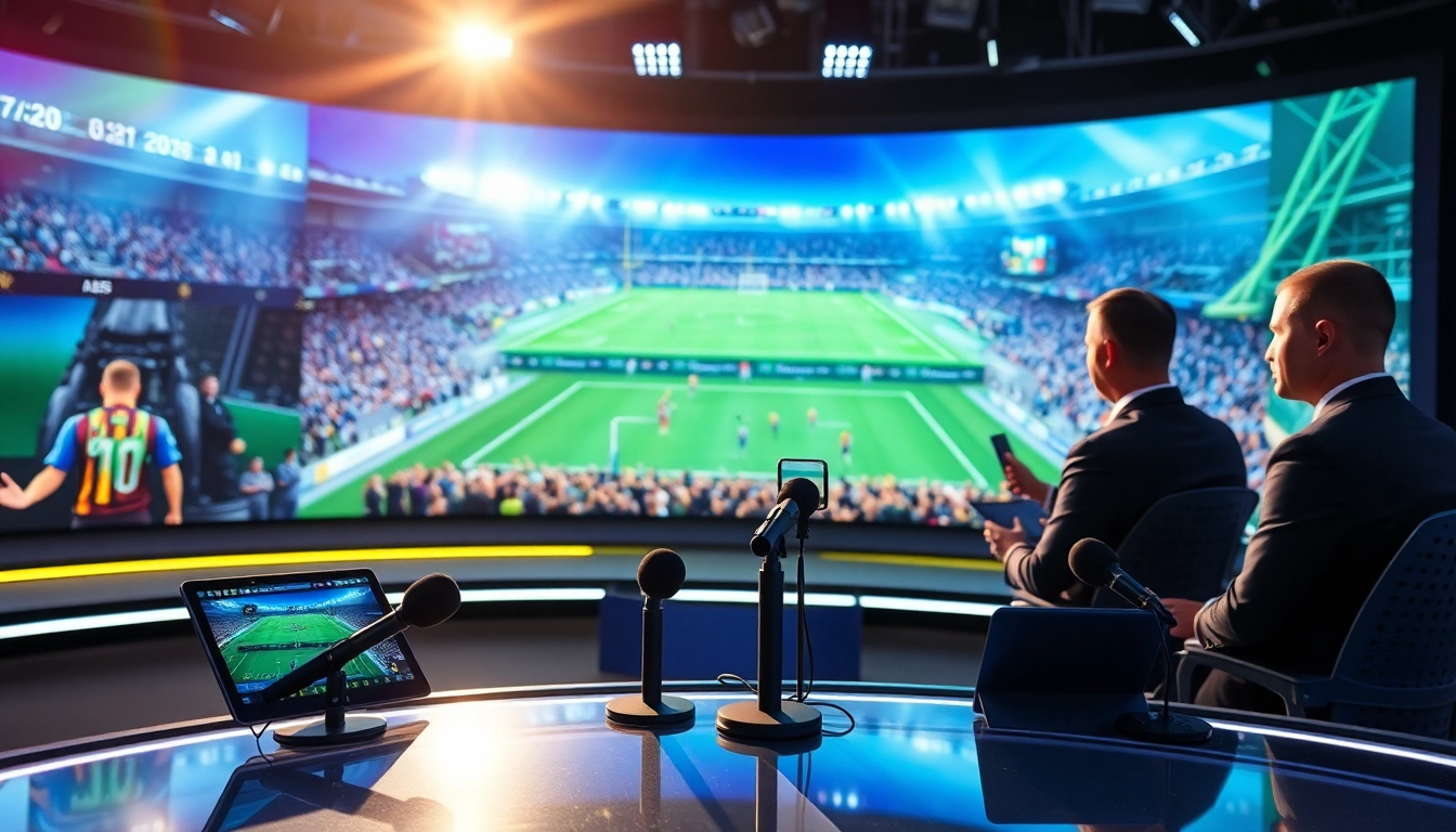 Engaging scene of sports broadcasting featuring presenters and live game updates.
