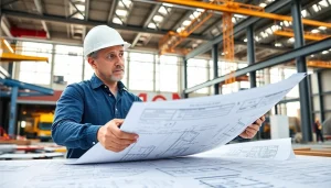 Manhattan Commercial General Contractor analyzing blueprints on a busy construction site.