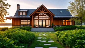 Admiring Winding River Farmhouse New Build with stunning architecture and lush landscape.