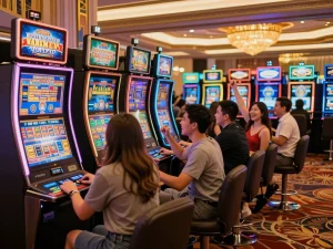 Players enjoying exciting slot machine wins in a vibrant casino setting