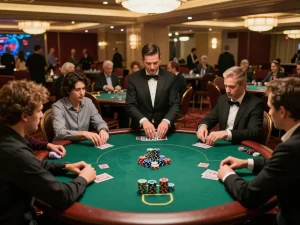 LC88 players engaged in intense poker gameplay at a luxury casino, showcasing strategic betting.