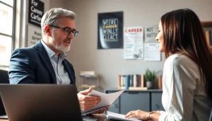 Career coaching session with a professional coach guiding a client in a modern office.