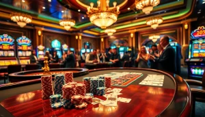 Experience high-stakes gaming at LuckyWin, featuring vibrant poker tables and roulette wheels.